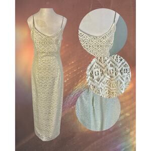 Vintage 70s Bari Jay Ivory Gold Open Weave Rhinestone Strap Evening Gown 7/8